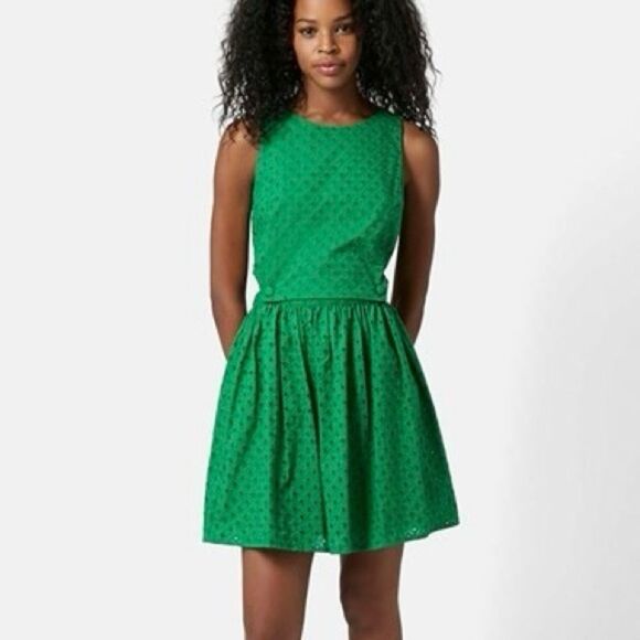 TopShop Green Eyelet Embroidered Cutout Fit & Flare Dress - Picture 1 of 16